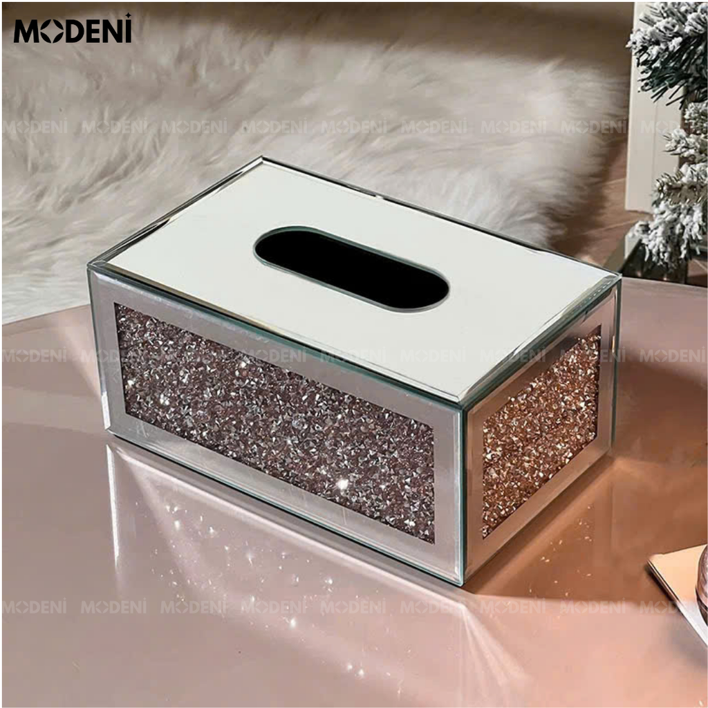 Hộp Khăn Giấy Glimma Cao Cấp – Gương Pha Lê Phối Hạt Nhũ Bạc – Thiết Kế Lấp Lánh Sang Trọng Cho Bàn Trang Điểm, Bàn Tiệc, Văn Phòng Hiện Đại