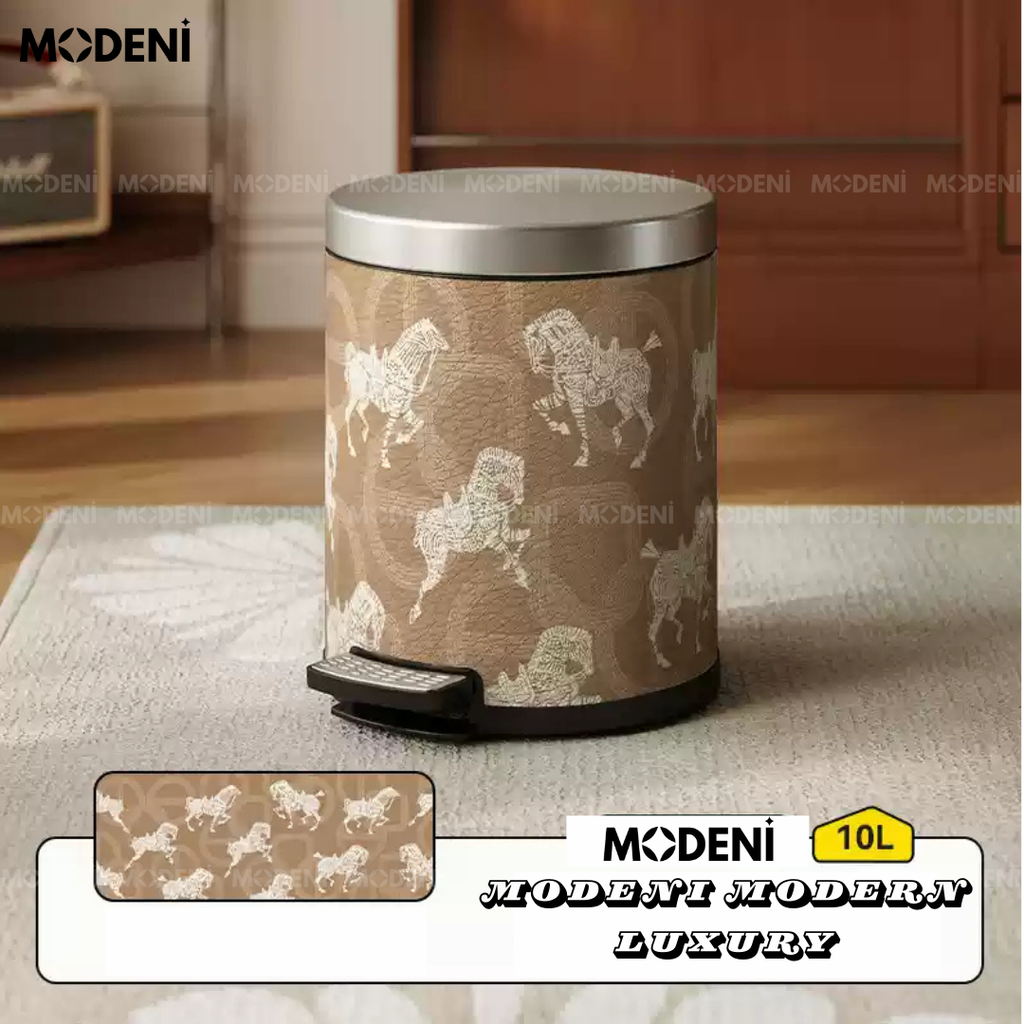 Thùng Rác Có Nắp Sherry Họa Tiết Ngựa – Decor Phòng Sang Trọng – Dung Tích 14L, Thép Không Gỉ, Da Cao Cấp