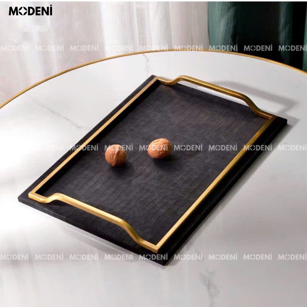 Khay Chữ Nhật Donald – Khay Decor Sang Trọng Tay Cầm Vàng – Da Đen Phủ Nhám – Trang Trí Bàn Sofa & Kệ Tủ Hiện Đại
