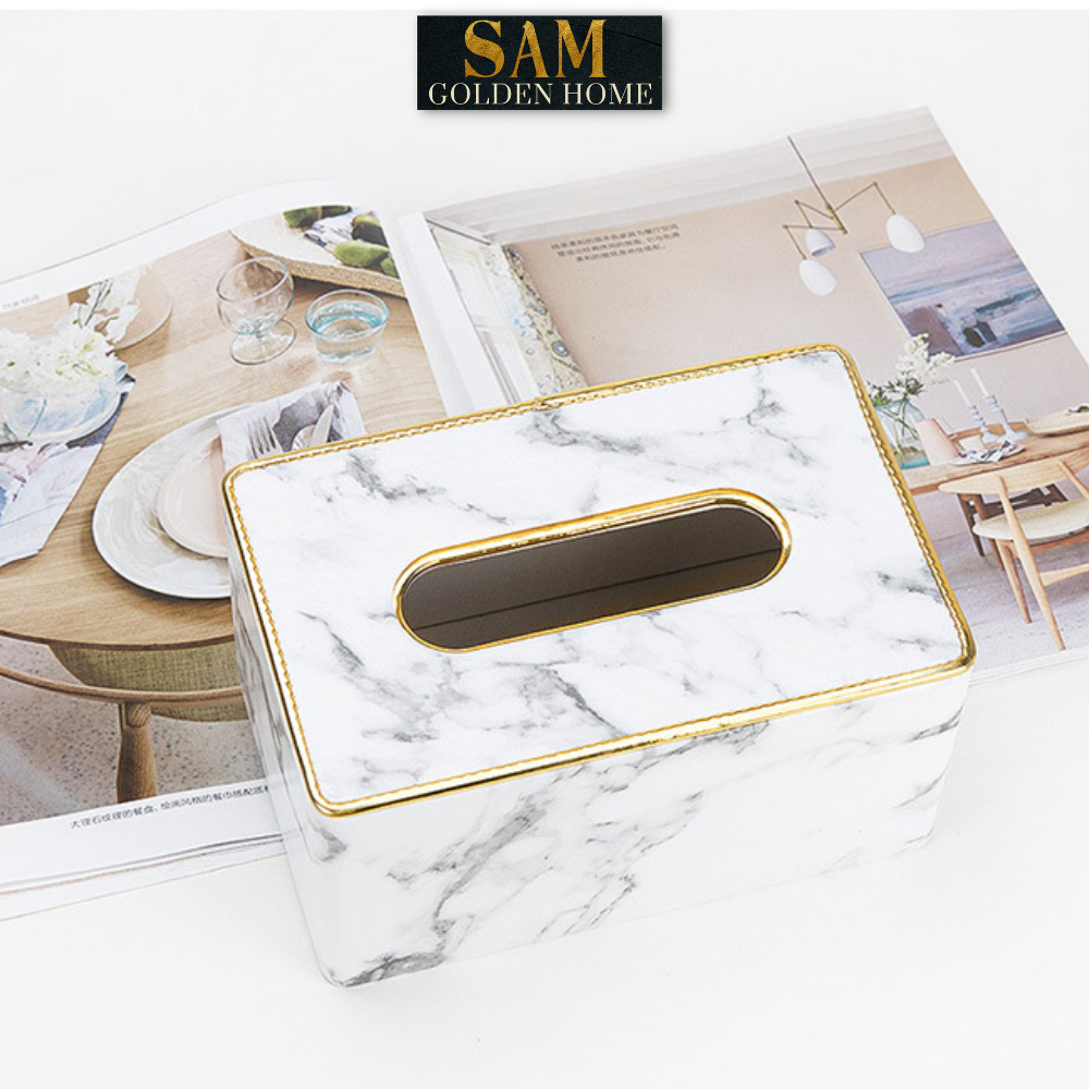 Hộp Đựng Khăn Giấy Sapi Trang Trí Bàn Ăn Da Vân Đá Marble Viền Vàng Gold Sang Trọng Màu Trắng