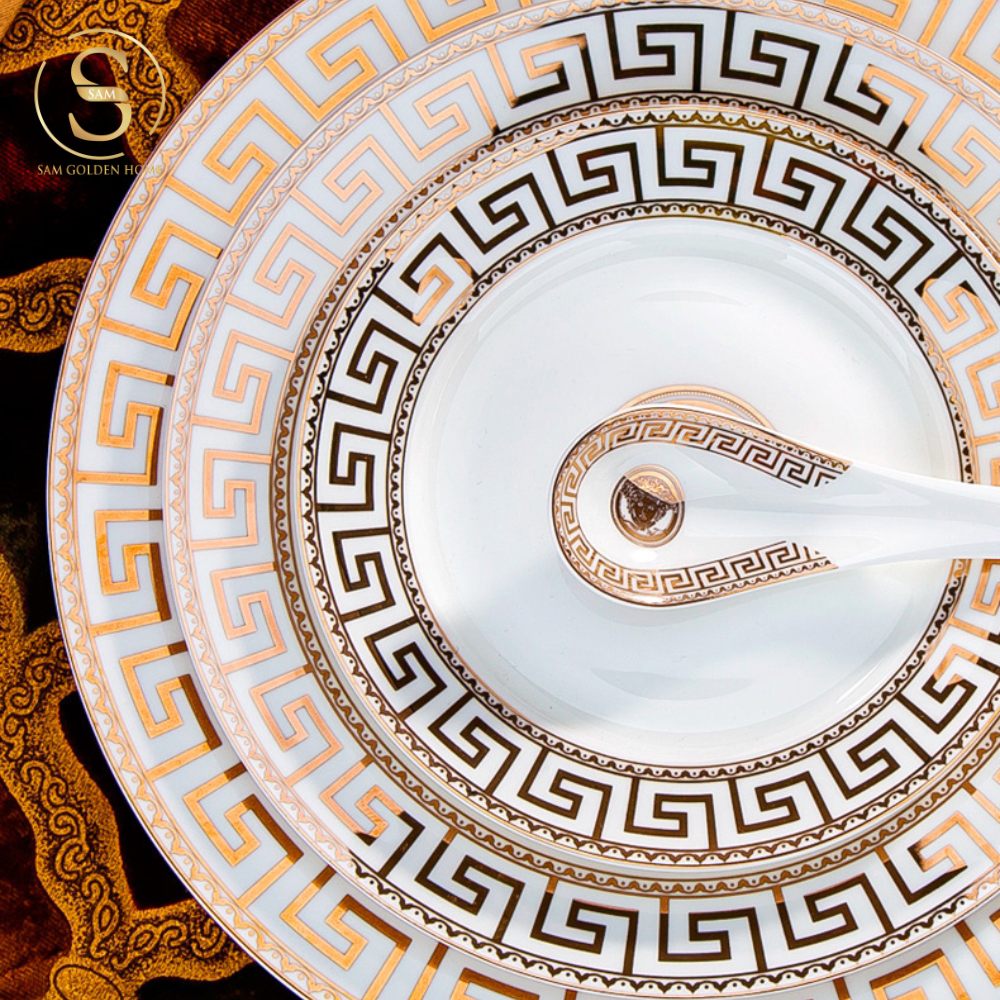 Bộ Tô Chén Đĩa V Luxury Sứ Xương Cao Cấp Viền Vàng Quà Tặng Tân Gia Sang Trọng