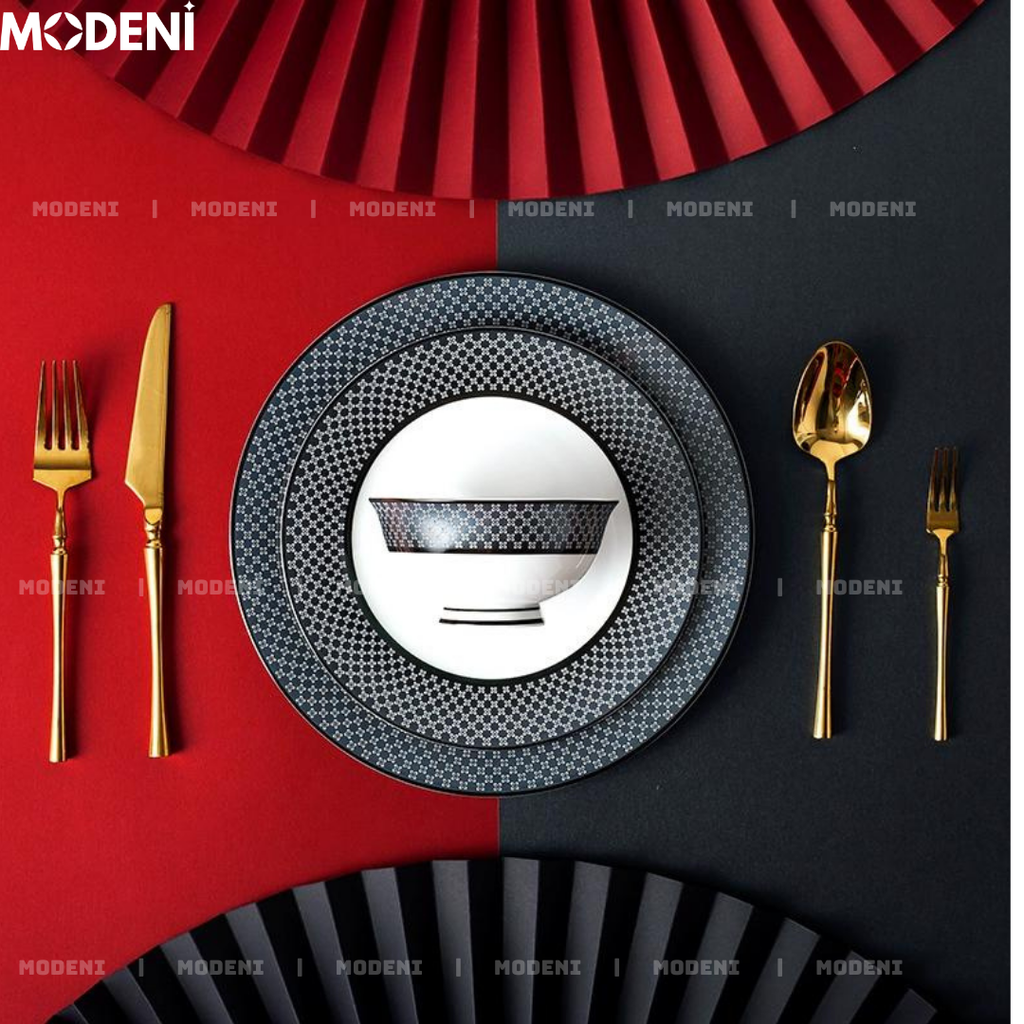 Bộ Chén Đĩa Sứ Xương Hailey Cao Cấp Viền Đen Họa Tiết Lưới Sang Trọng - Cho Bàn Ăn Hiện Đại & Tiếp Khách