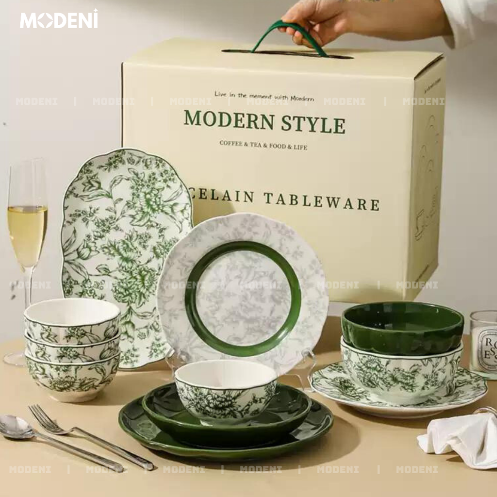 Bộ Chén Đĩa Sứ Trang Men Cao Cấp Farley – Họa Tiết Hoa Lá Trang Nhã – Dành Cho Bàn Ăn Hiện Đại, Tiếp Khách Và Quà Tặng Sang Trọng