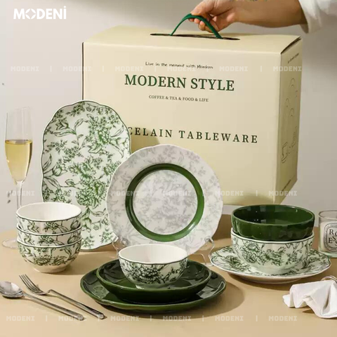 Bộ chén đĩa Farley sứ tráng men cao cấp đặt trên bàn ăn hiện đại, phối màu xanh lá tươi mát