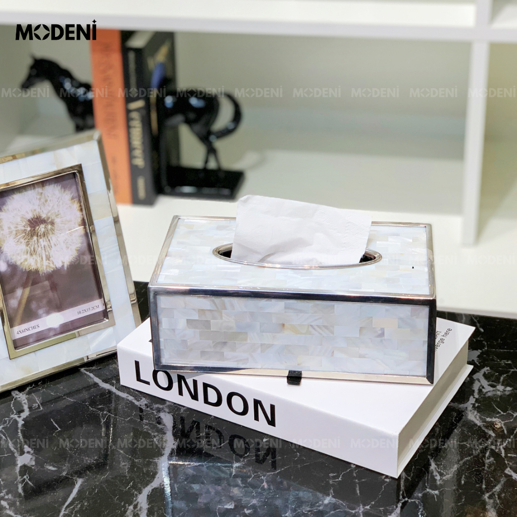 Hộp Khăn Giấy Stonegate Decor Cao Cấp Ánh Bạc Xà Cừ – Tinh Tế & Sang Trọng – Phù Hợp Decor Bàn Làm Việc, Kệ Tủ