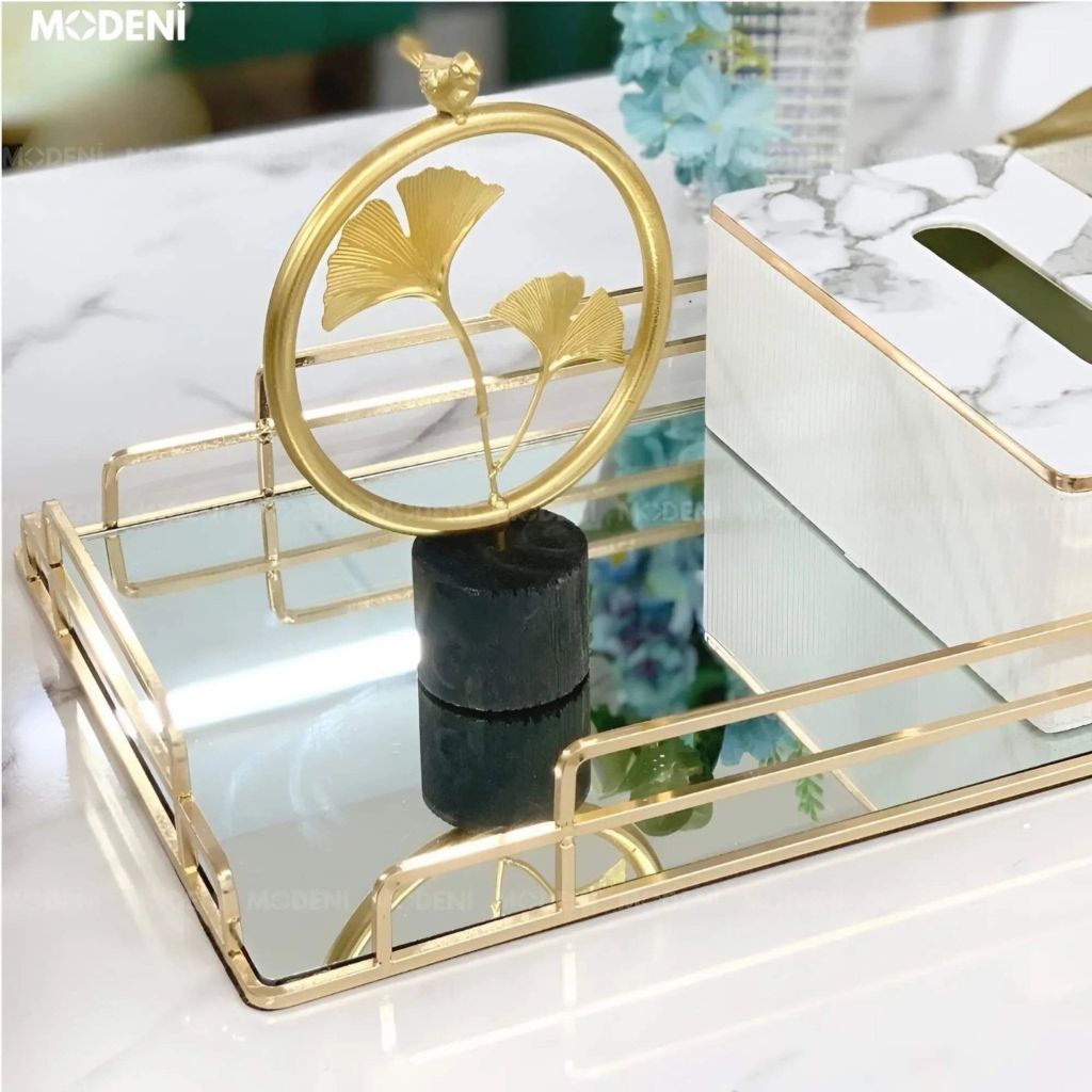 Khay Chữ Nhật Jade Cao Cấp – Khay Bàn Gương Khung Kim Loại Mạ Vàng Decor Sang Trọng – Phù Hợp Trang Trí Bàn Sofa, Bàn Trang Điểm