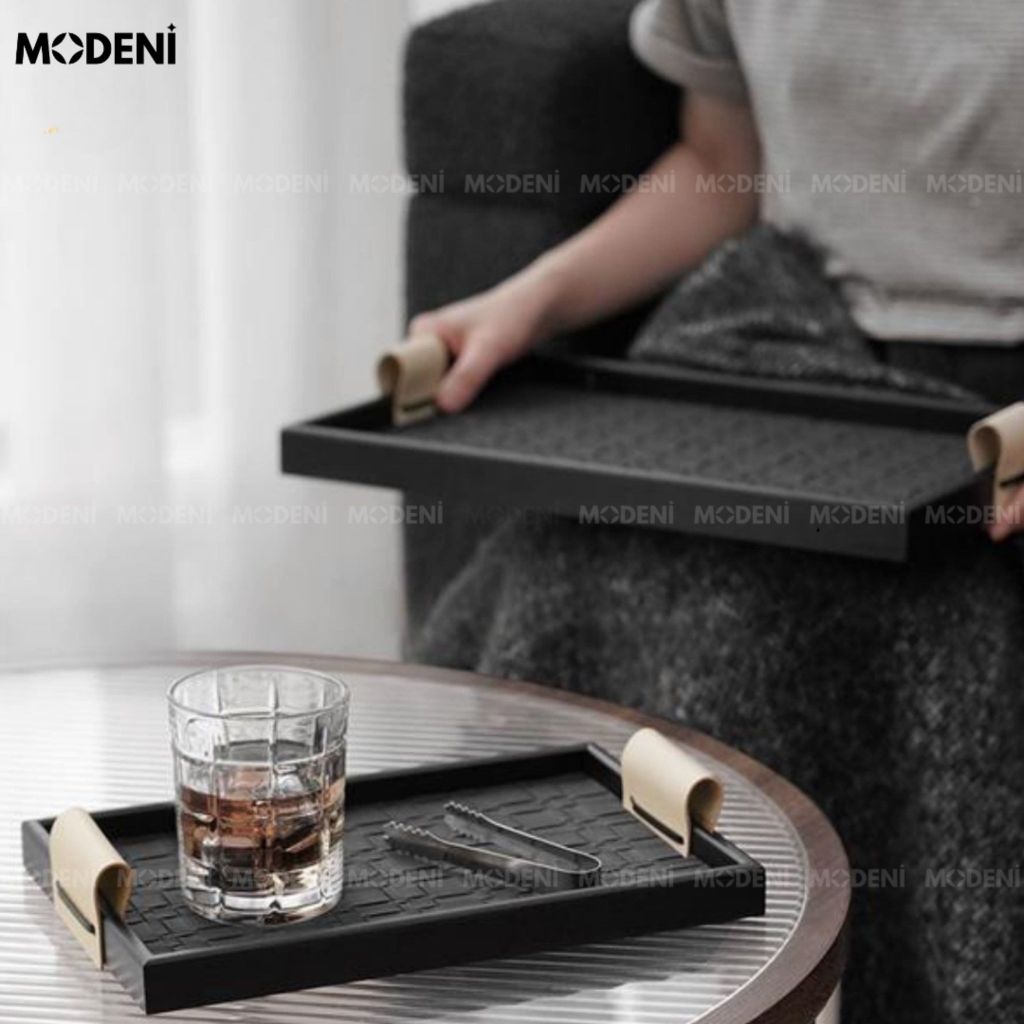 Khay Chữ Nhật Keva Đen Cao Cấp – Tay Cầm Kem Lạ Mắt - Khay Decor Bàn Sofa Sang Trọng