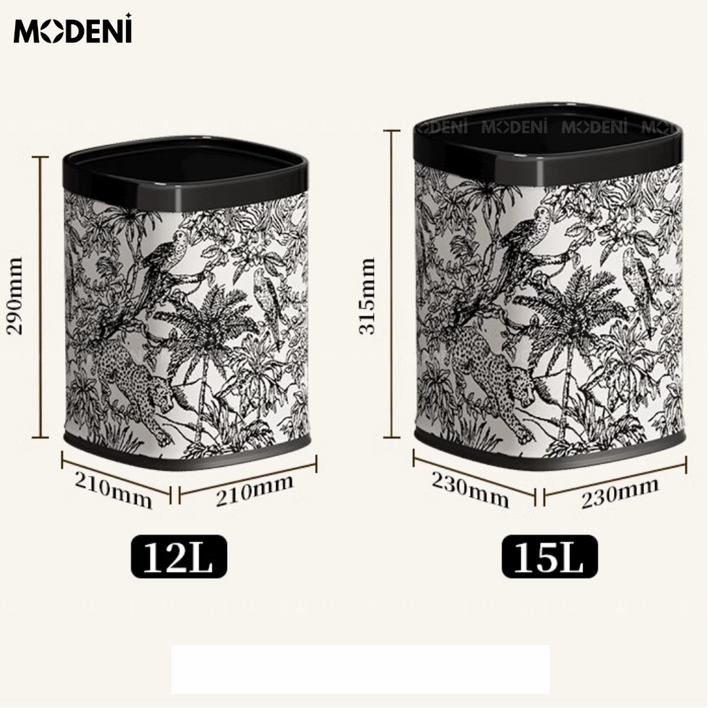 Thùng Rác Edward Đen – Thùng Rác Decor Hiện Đại – Họa Tiết Nhiệt Đới Tinh Tế – Dung Tích 12L, Phù Hợp Phòng Khách/Phòng Làm Việc