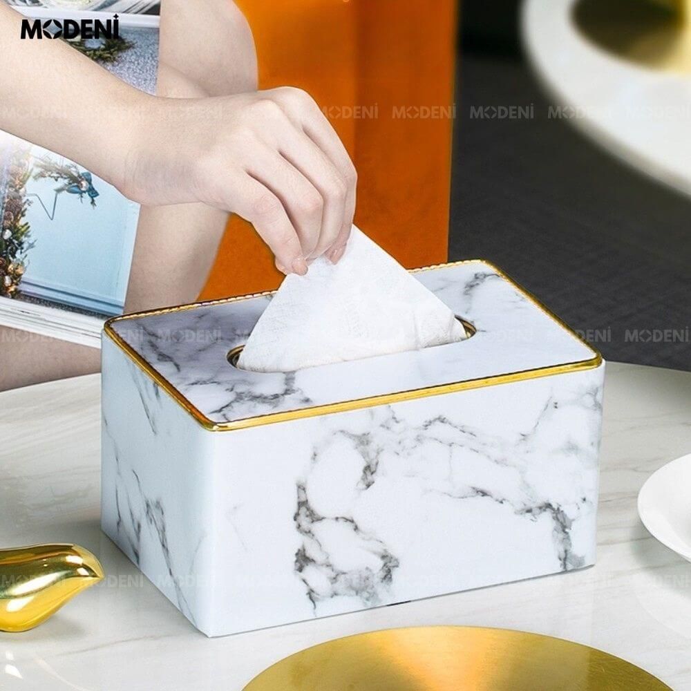 Hộp khăn giấy Sapi Trắng Vân Đá Da PU cao cấp hiện đại cho phòng khách và văn phòng Trọng