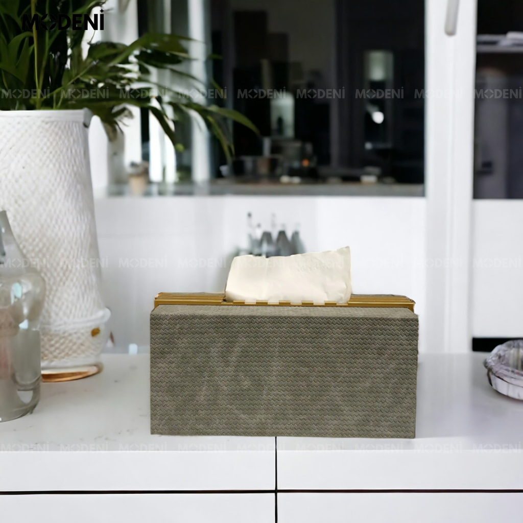 Hộp Khăn Giấy Modica Fabric Luxe – Vải Dệt Cao Cấp Tông Ghi Xám – Decor Tối Giản Có Gu