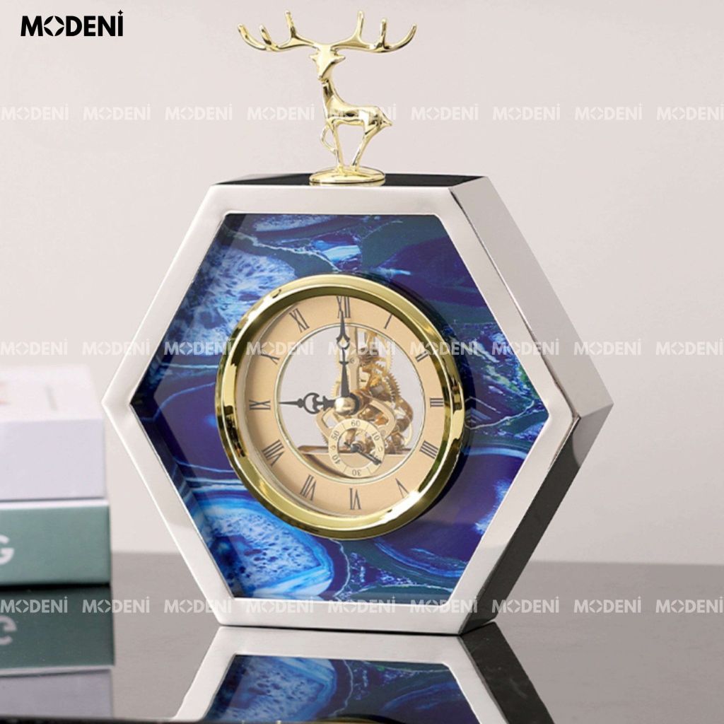 Đồng Hồ Bluey Lục Giác Cao Cấp – Mặt Số La Mã – Phối Đá Xanh Sang Trọng – Phù Hợp Decor Bàn, Kệ, Phòng Làm Việc