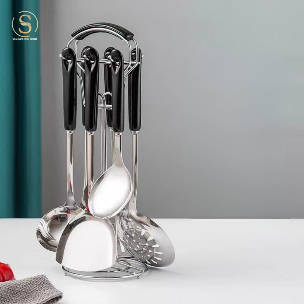 Bộ Muôi Vá Cao Cấp 7 Món Alma Silver Siêu Bền Cán Đen Sang Trọng Hiện Đại Kèm Giá Đỡ