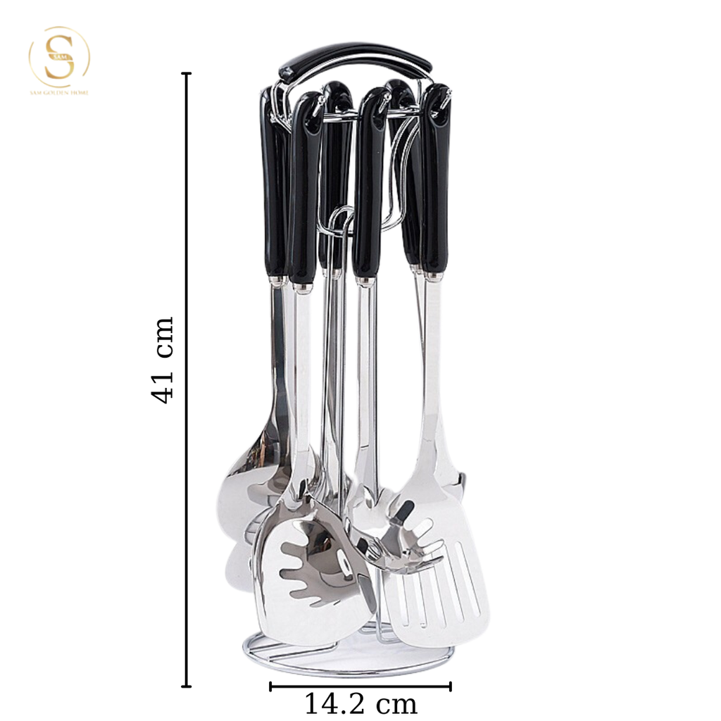Bộ Muôi Vá Cao Cấp 7 Món Alma Silver Siêu Bền Cán Đen Sang Trọng Hiện Đại Kèm Giá Đỡ