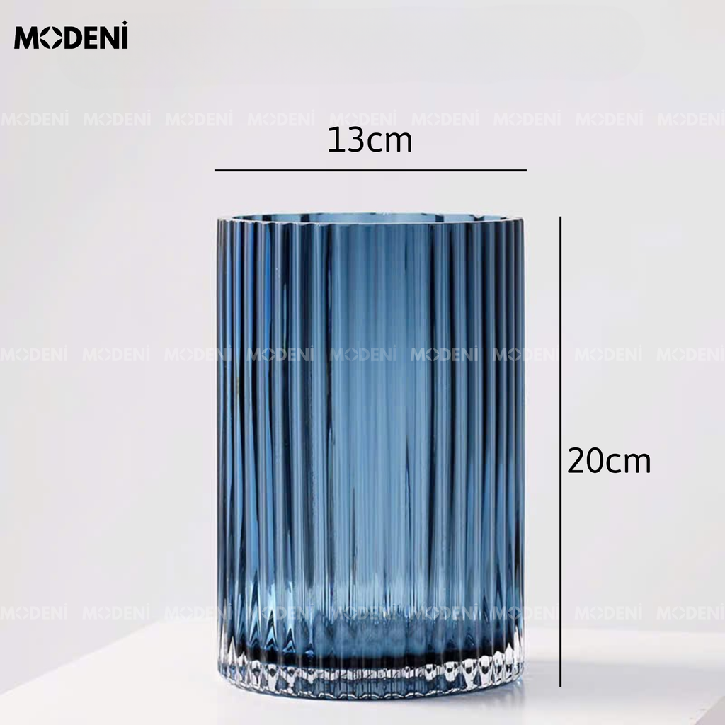 Bình Hoa Thủy Tinh Azure – Lọ Cắm Hoa Decor Sang Trọng Màu Xanh Dương – Dáng Trụ Sọc Dọc Cao 20/31cm, Phù Hợp Kệ Tủ & Bàn Console