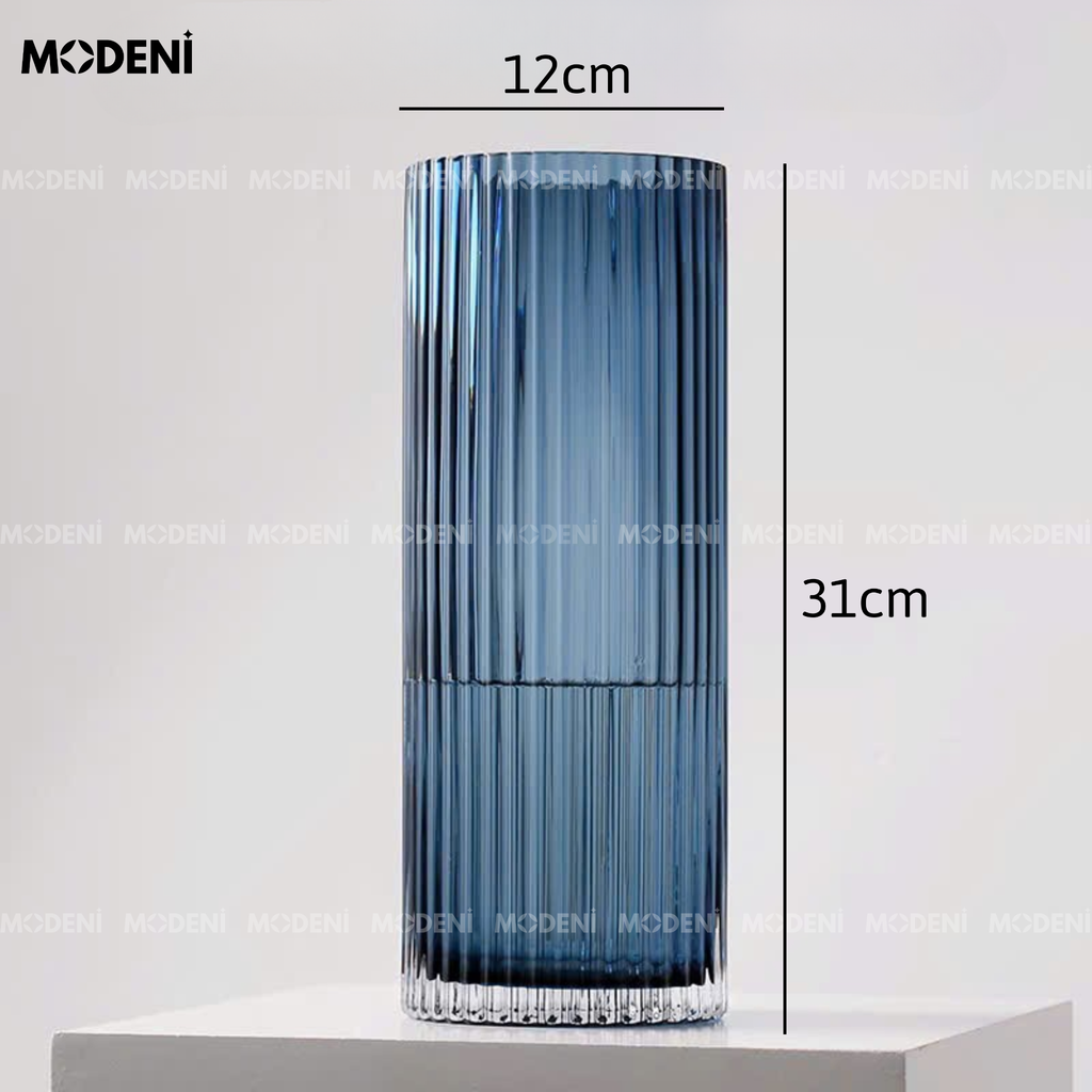 Bình Hoa Thủy Tinh Azure – Lọ Cắm Hoa Decor Sang Trọng Màu Xanh Dương – Dáng Trụ Sọc Dọc Cao 20/31cm, Phù Hợp Kệ Tủ & Bàn Console