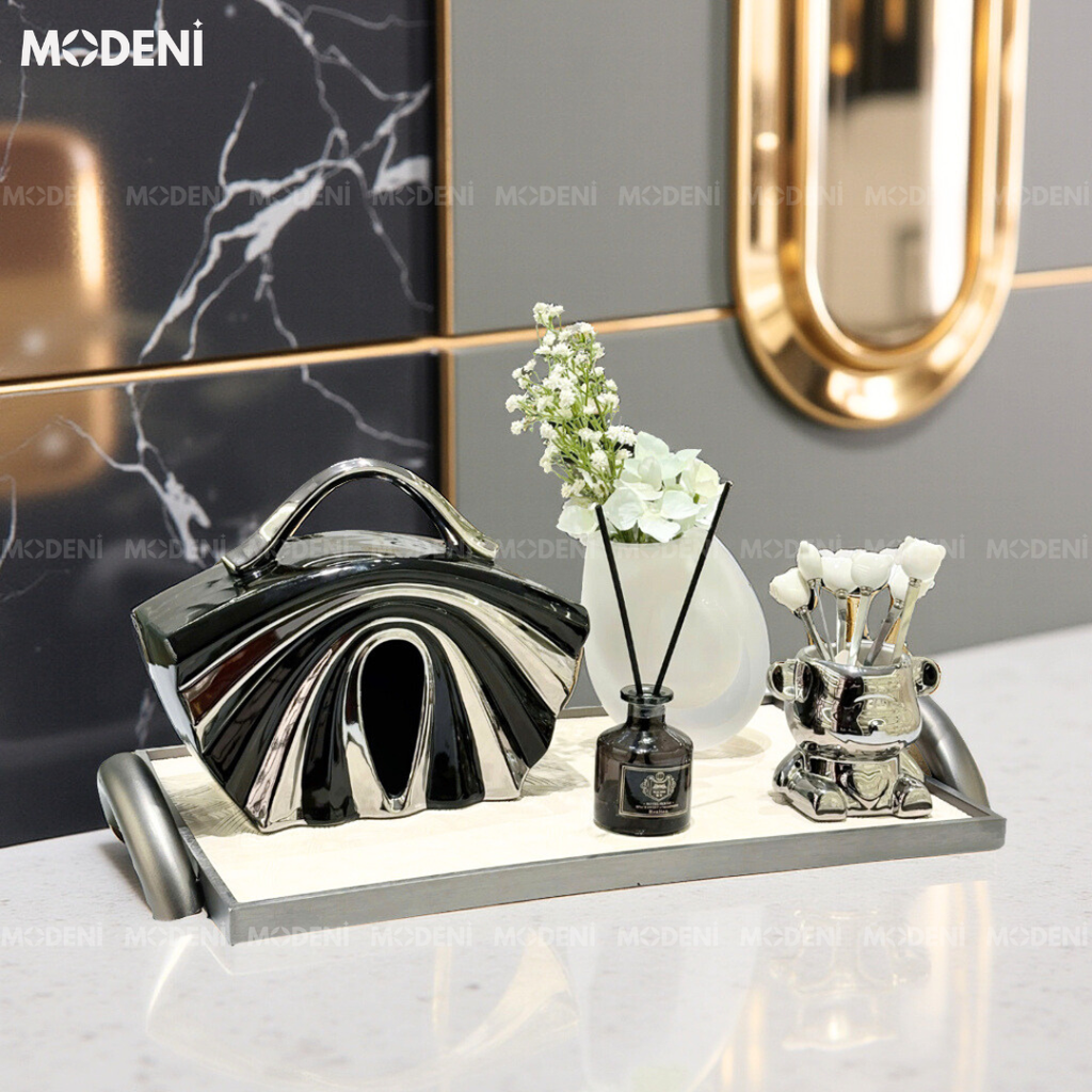 Khay Chữ Nhật Clitus Trắng – Khay Decor Sang Trọng Hiện Đại – Phối Vân Nổi Chống Thấm, Tay Cầm Mạ Kim Sáng Bóng – Phù Hợp Trang Trí Bàn Sofa, Console, Quầy Bar