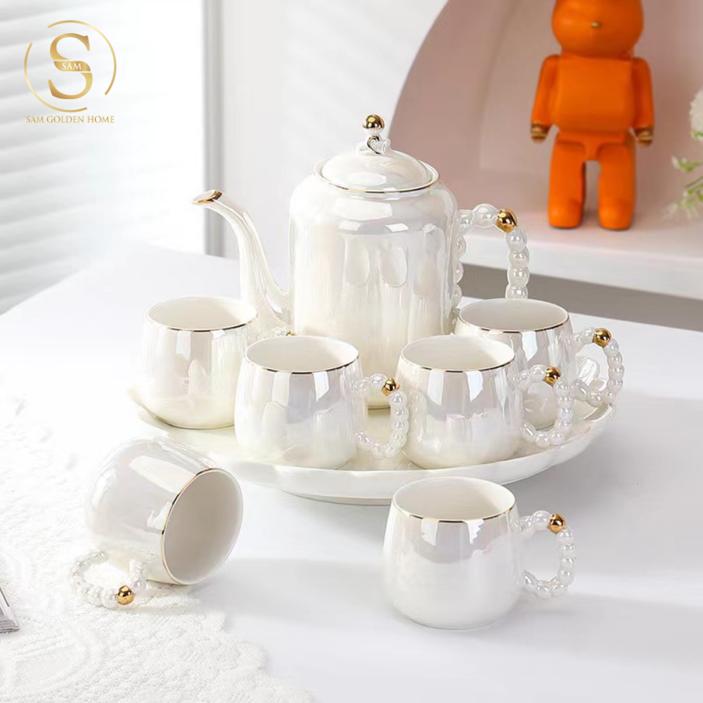 Bộ Bình Trà Pearly Sứ Xương Cao Cấp Sang Trọng | Kèm Khay
