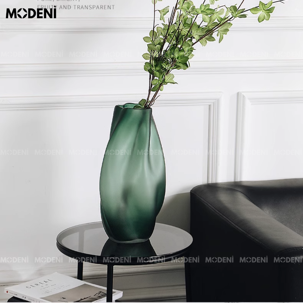 Bình Hoa Mirage Green Thủy Tinh Nghệ Thuật Cao Cấp – Dáng Lượn Hiện Đại, Decor Phòng Khách Biệt Thự