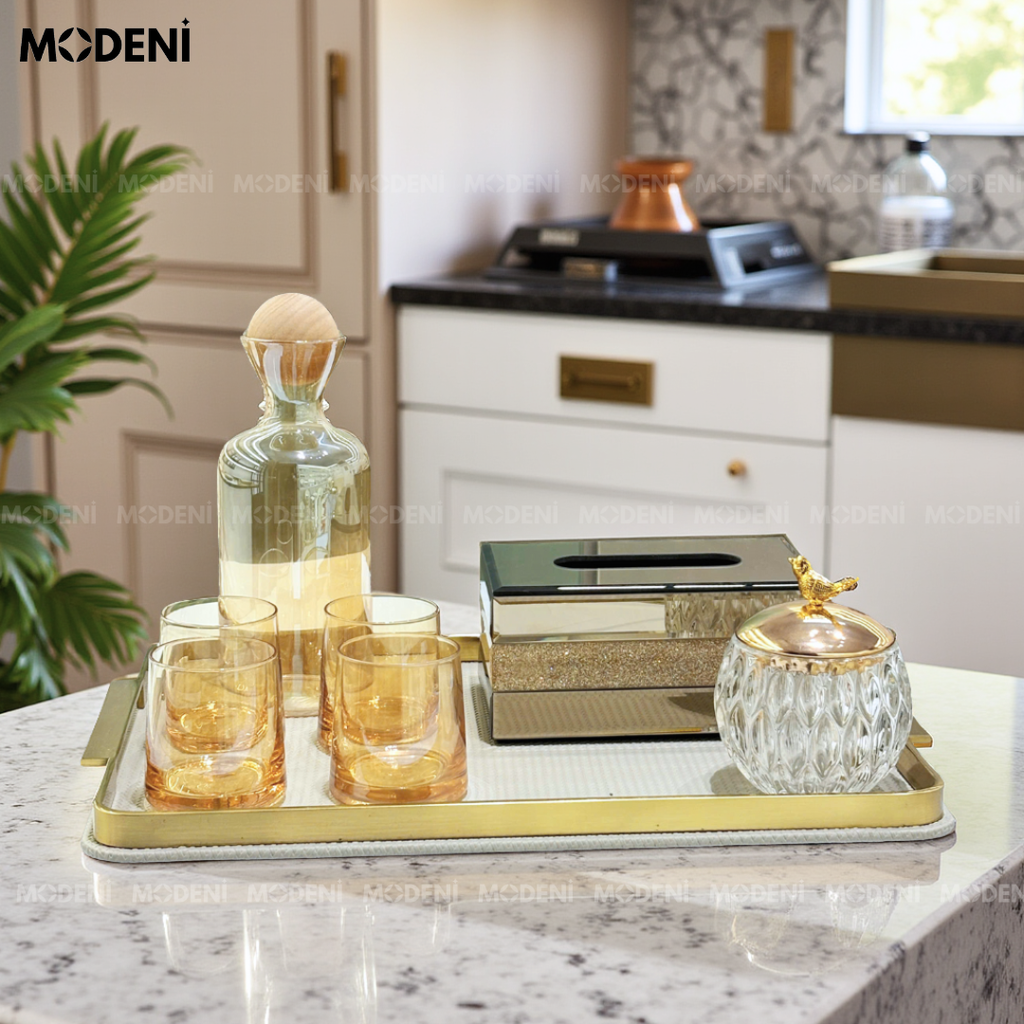 Khay Chữ Nhật Elme Xám – Khay Decor Sang Trọng Cao Cấp – Tay Cầm Mạ Vàng, Bề Mặt Vải Dệt Xám Lịch Lãm – Phù Hợp Trang Trí Bàn Sofa, Bàn Ăn, Bếp, Phòng Khách Hiện Đại