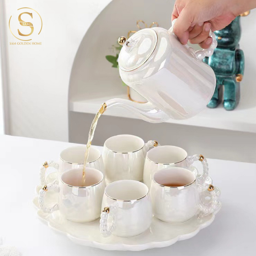 Bộ Bình Trà Pearly Sứ Xương Cao Cấp Sang Trọng | Kèm Khay