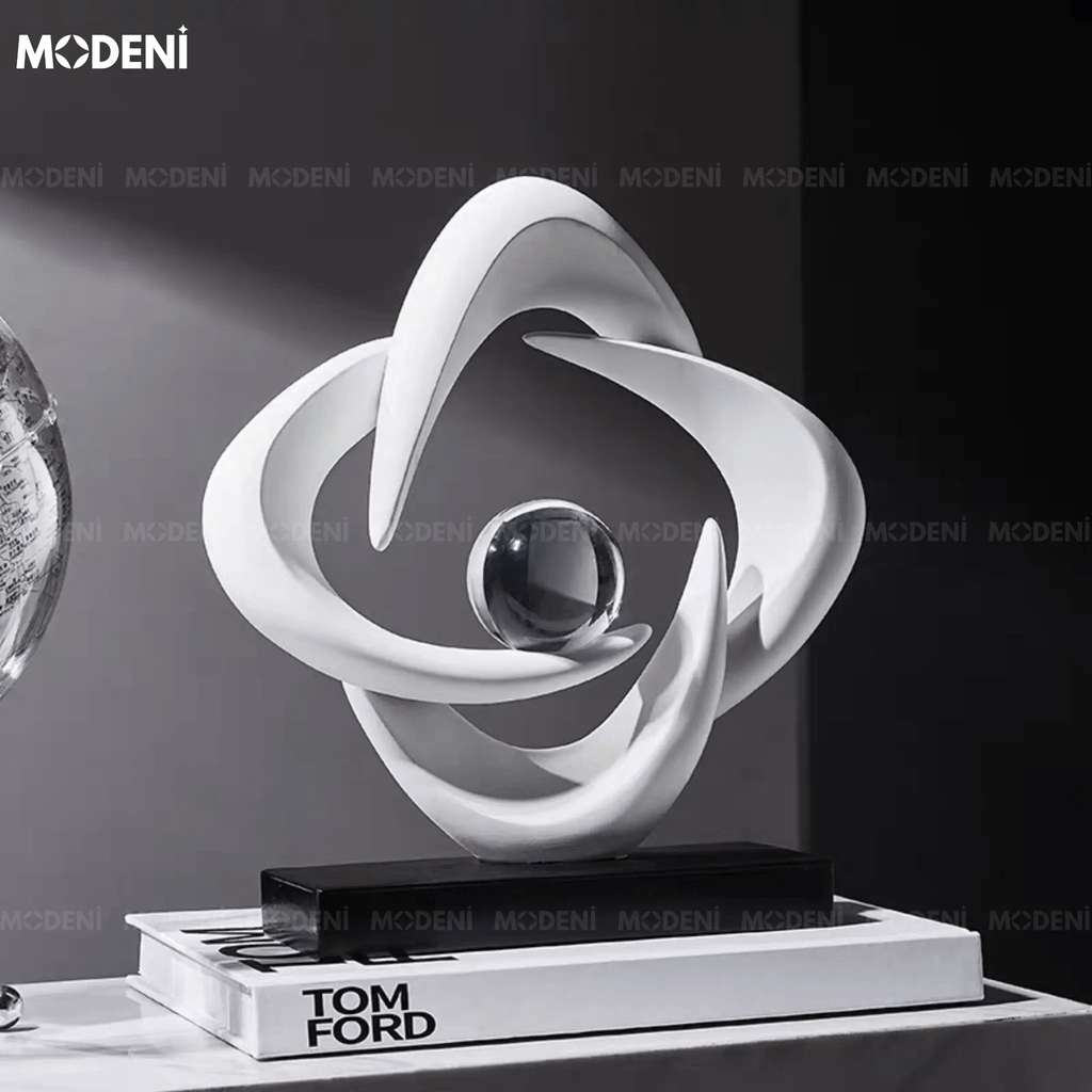 Tượng Trang Trí Cosmic White – Tượng Nghệ Thuật Resin Màu Trắng Đế Đen – Biểu Tượng Cân Bằng Vũ Trụ – Decor Phòng Khách, Văn Phòng, Kệ Sách Sang Trọng