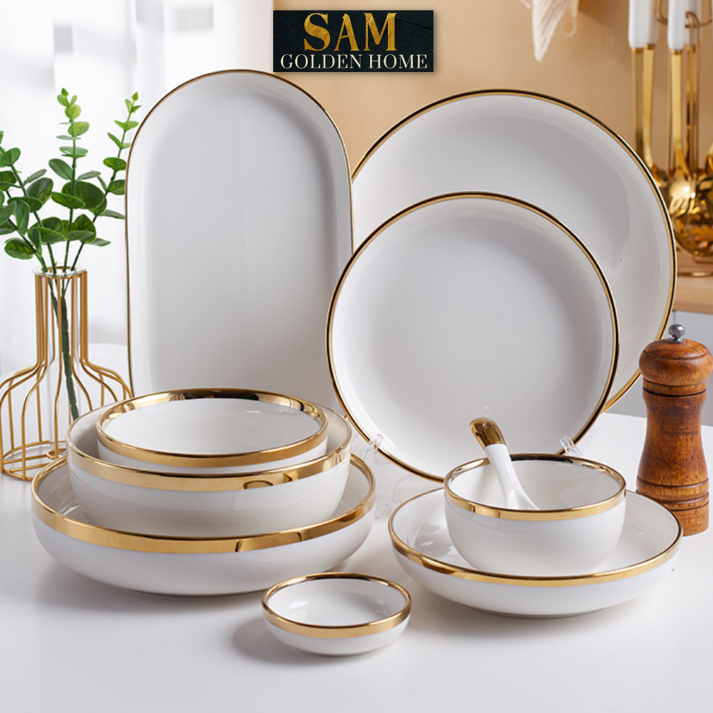 Chén Dĩa Victorian Sứ Tráng Men Cao Cấp Trắng Viền Vàng Gold Sang Trọng, Hiện Đại