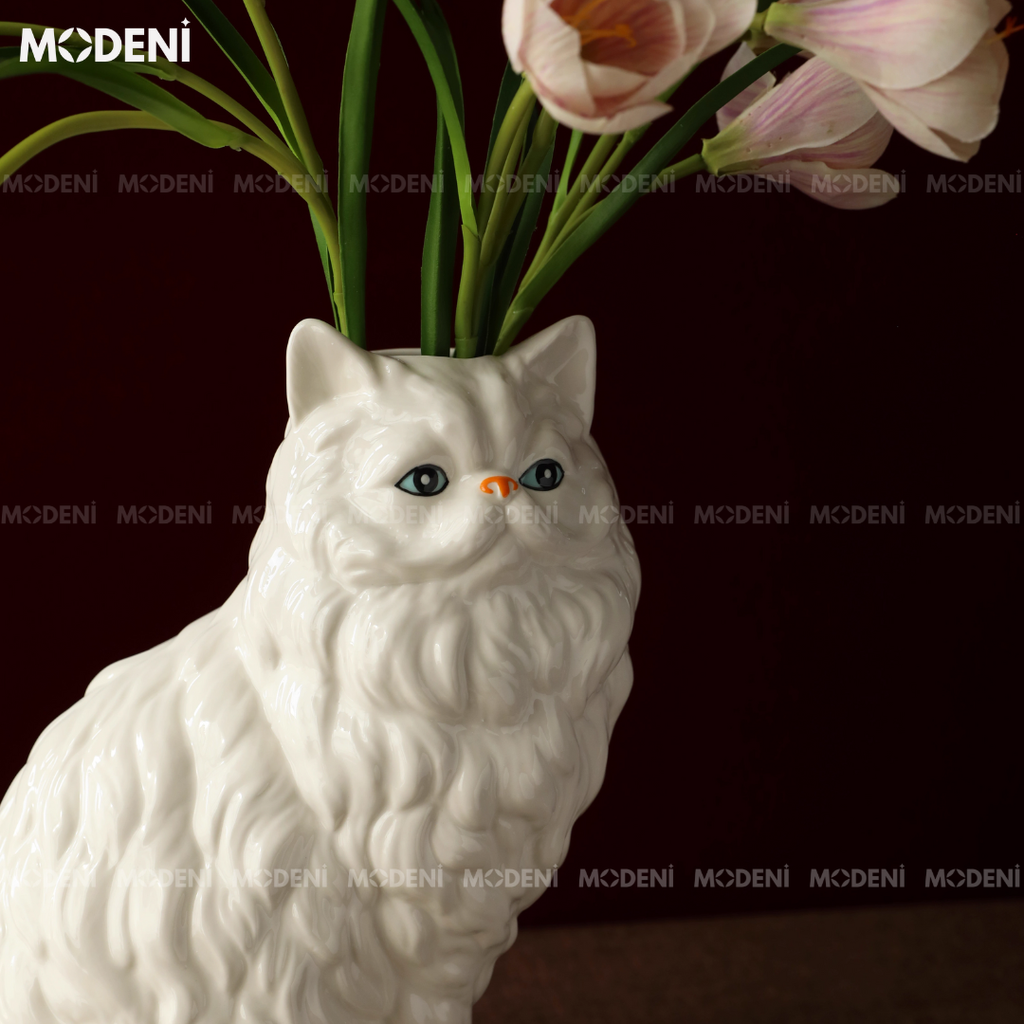 Bình Hoa Sứ Hình Mèo Feline Cao Cấp Nghệ Thuật Chạm Khắc Tinh Xảo | Decor Nội Thất Sang Trọng