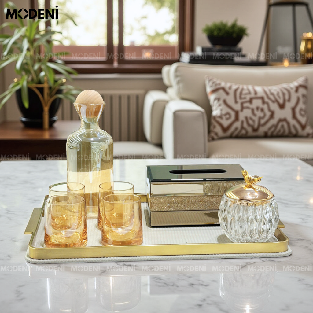Khay Chữ Nhật Elme Xám – Khay Decor Sang Trọng Cao Cấp – Tay Cầm Mạ Vàng, Bề Mặt Vải Dệt Xám Lịch Lãm – Phù Hợp Trang Trí Bàn Sofa, Bàn Ăn, Bếp, Phòng Khách Hiện Đại