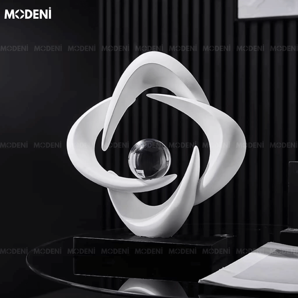 Tượng Trang Trí Cosmic White – Tượng Nghệ Thuật Resin Màu Trắng Đế Đen – Biểu Tượng Cân Bằng Vũ Trụ – Decor Phòng Khách, Văn Phòng, Kệ Sách Sang Trọng