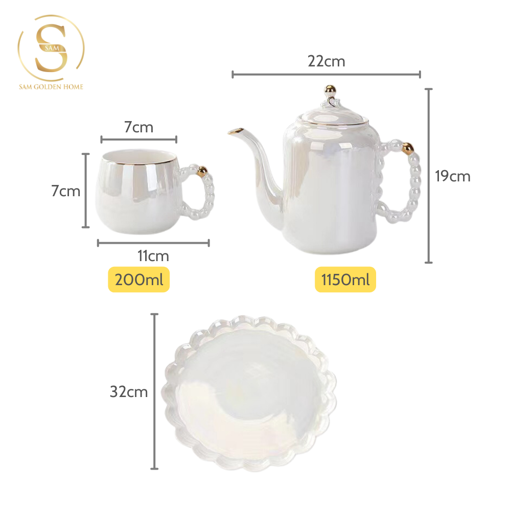 Bộ Bình Trà Pearly Sứ Xương Cao Cấp Sang Trọng | Kèm Khay