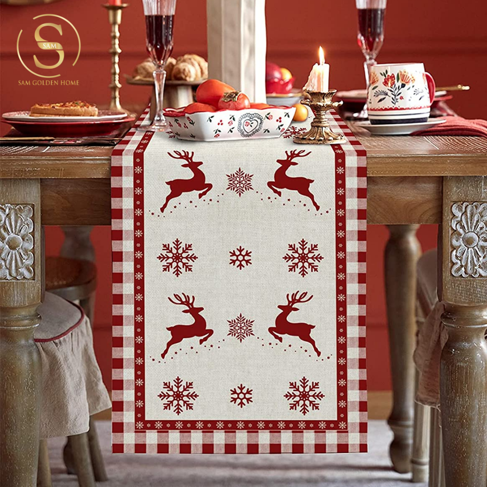 Khăn Trải Bàn Table Runner White Deer Trang Trí Giáng Sinh Cao Cấp