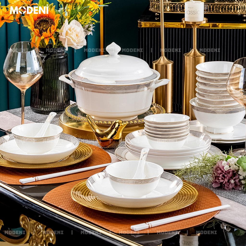 Bộ chén đĩa Sharon cao cấp – sứ trắng viền bạch kim – Dùng cho lò vi sóng, máy rửa chén – Phù hợp decor bàn ăn hiện đại, biệt thự sang trọng