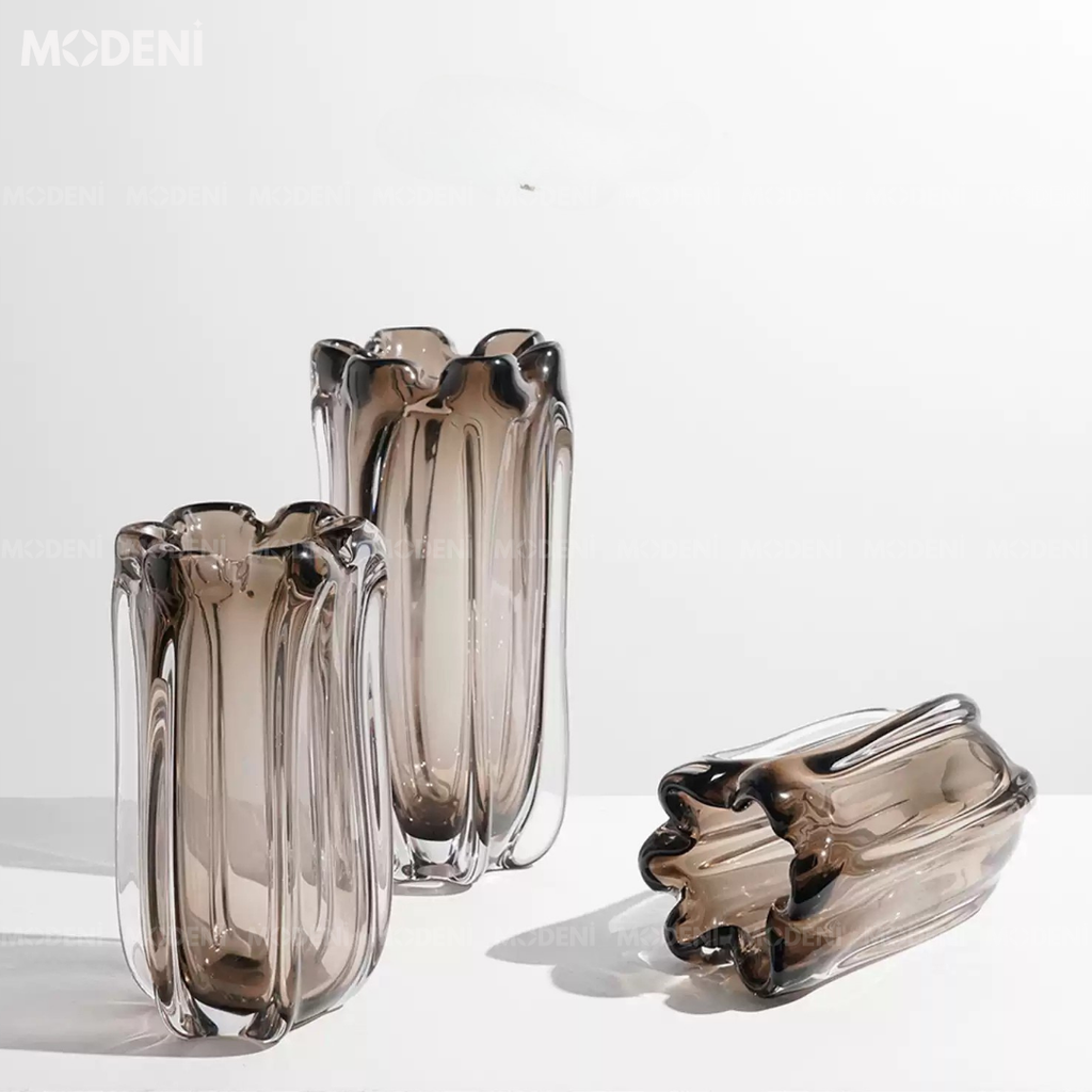 Bình Hoa Thủy Tinh Ambra Cao Cấp Màu Hổ Phách – Gợn Sóng Nghệ Thuật – Decor Hiện Đại Tối Giản Bàn Console
