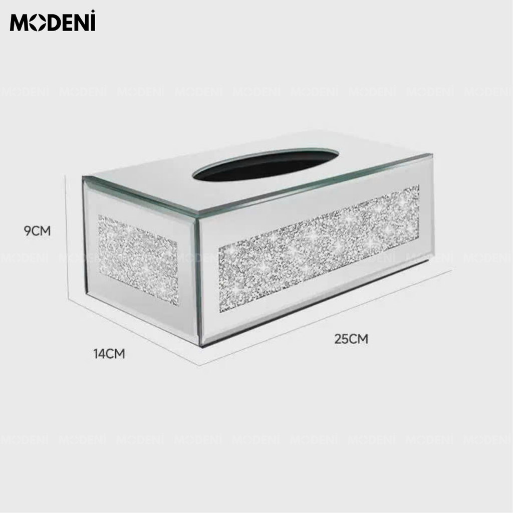 Hộp Khăn Giấy Glimma Cao Cấp – Gương Pha Lê Phối Hạt Nhũ Bạc – Thiết Kế Lấp Lánh Sang Trọng Cho Bàn Trang Điểm, Bàn Tiệc, Văn Phòng Hiện Đại