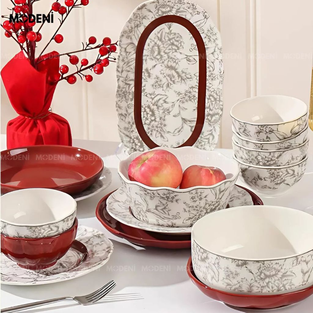 Bộ Chén Đĩa Briona Cao Cấp – Bát Đĩa Sang Trọng Phối Đỏ Rượu Vang – Phù Hợp Bàn Ăn Gia Đình Hiện Đại