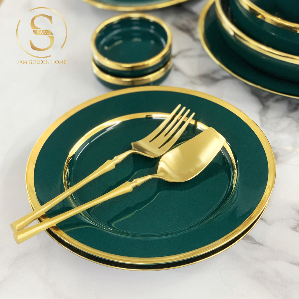 Bộ Tô Chén Đĩa Viền Vàng Nortylis Màu Xanh Emerald Gốm Sứ Cao Cấp Phong Cách Hiện Đại Châu Âu Quà Tặng Tân Gia