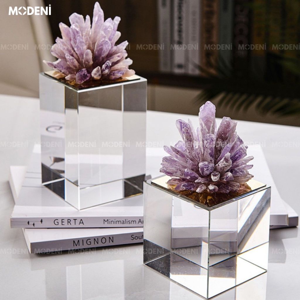 Tượng Koine San Hô Thạch Anh Tím Lớn – Decor Phong Thủy Sang Trọng – Đế Kính Phản Chiếu Cao Cấp
