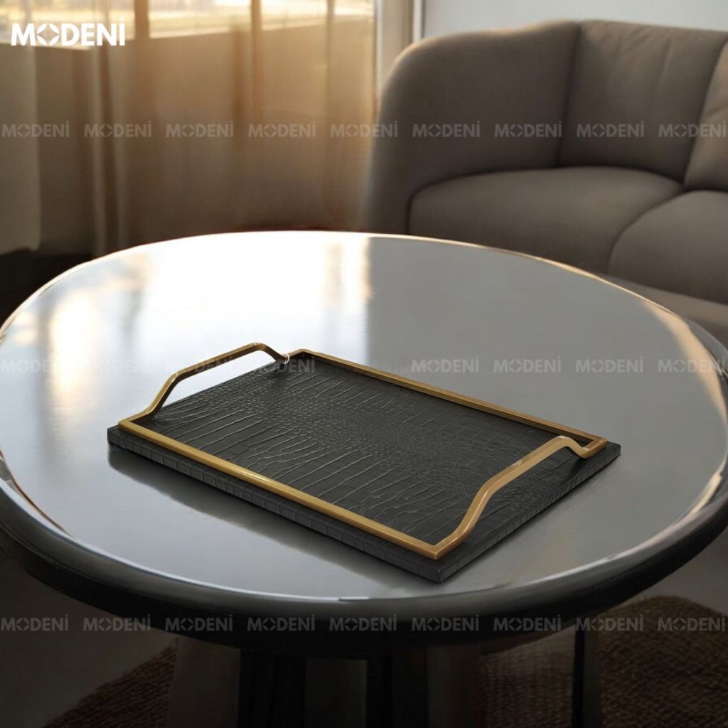 Khay Chữ Nhật Donald – Khay Decor Sang Trọng Tay Cầm Vàng – Da Đen Phủ Nhám – Trang Trí Bàn Sofa & Kệ Tủ Hiện Đại
