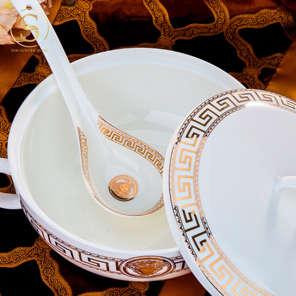 Bộ Tô Chén Đĩa V Luxury Sứ Xương Cao Cấp Viền Vàng Quà Tặng Tân Gia Sang Trọng