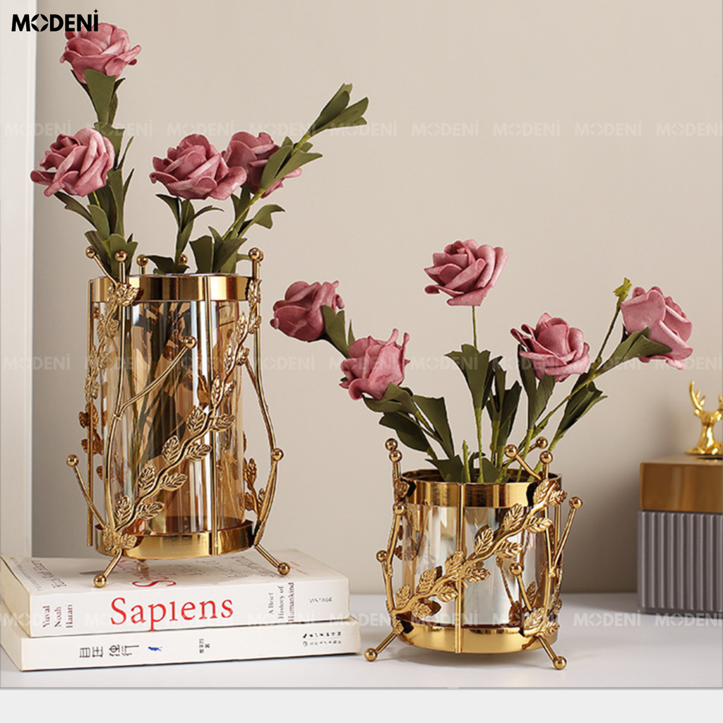 Bình Hoa Thủy Tinh Rosy Decor Sang Trọng – Phối Kim Loại Vàng – Kích Thước 20.5cm & 13cm