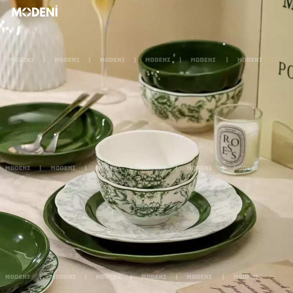 Bộ Chén Đĩa Sứ Trang Men Cao Cấp Farley – Họa Tiết Hoa Lá Trang Nhã – Dành Cho Bàn Ăn Hiện Đại, Tiếp Khách Và Quà Tặng Sang Trọng