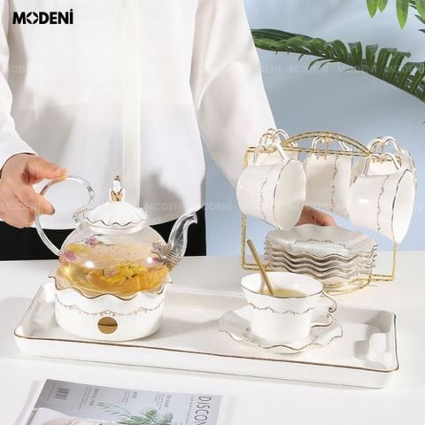  Bộ Ấm Trà Alice Sứ Tráng Men/Thủy Tinh Cao Cấp Kèm Khay Đựng Đế Nến Giữ Nhiệt Sang Trọng Phong Cách Châu Âu 