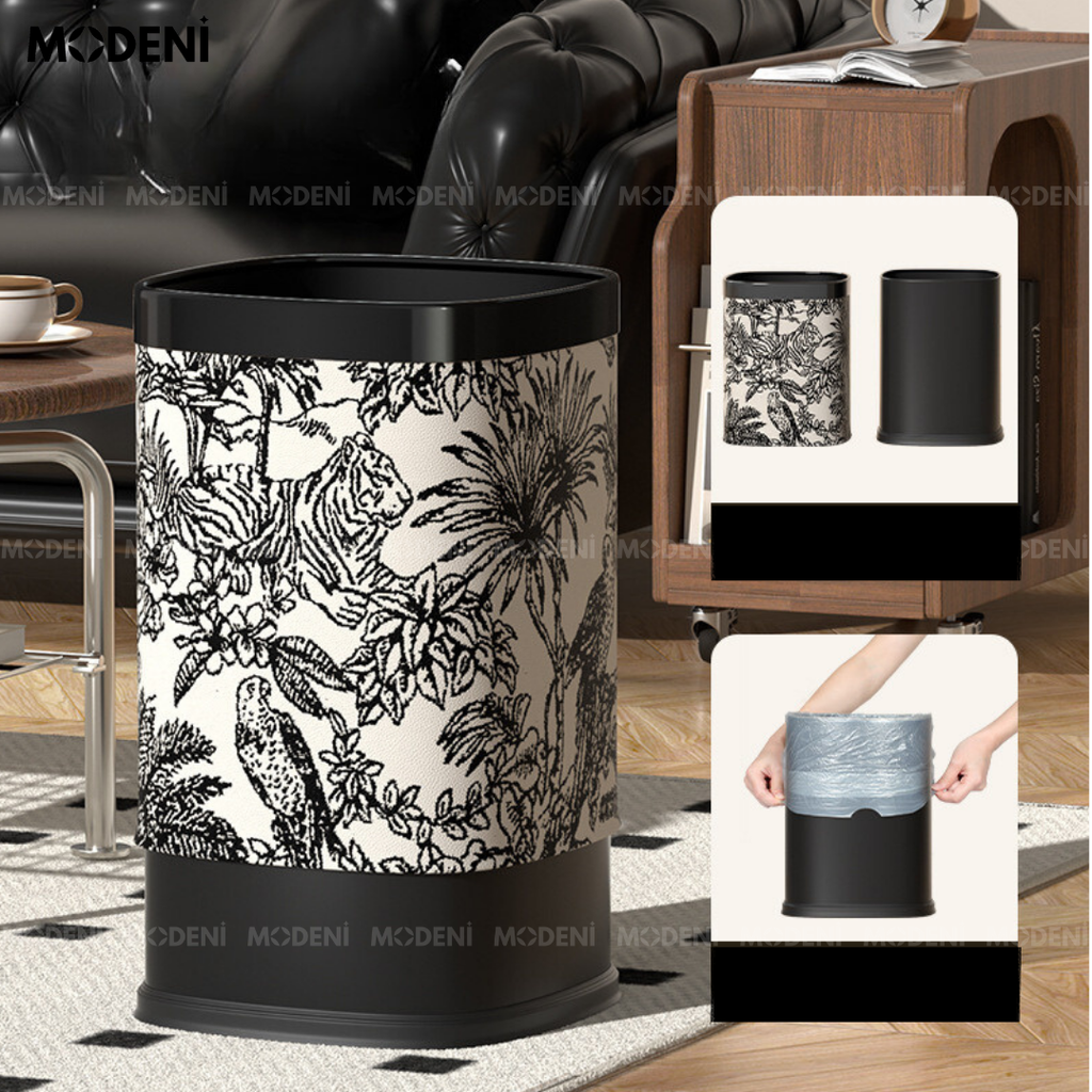 Thùng Rác Edward Đen – Thùng Rác Decor Hiện Đại – Họa Tiết Nhiệt Đới Tinh Tế – Dung Tích 12L, Phù Hợp Phòng Khách/Phòng Làm Việc