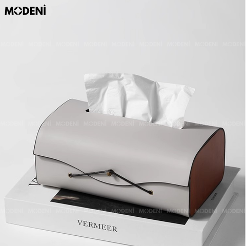 Hộp khăn giấy Elise Xám da PU cao cấp phối ốp giả gỗ đặt trên bàn làm việc phong cách Japandi.