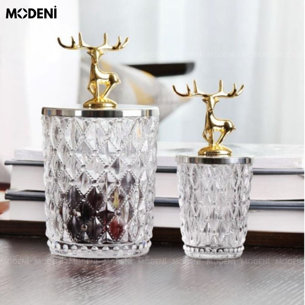 Set 2 Lọ Đựng Kẹo Thuỷ Tinh Patronus Cao Cấp – Nắp Tuần Lộc Mạ Vàng, Sang Trọng, Dùng Decor & Bàn Tiệc