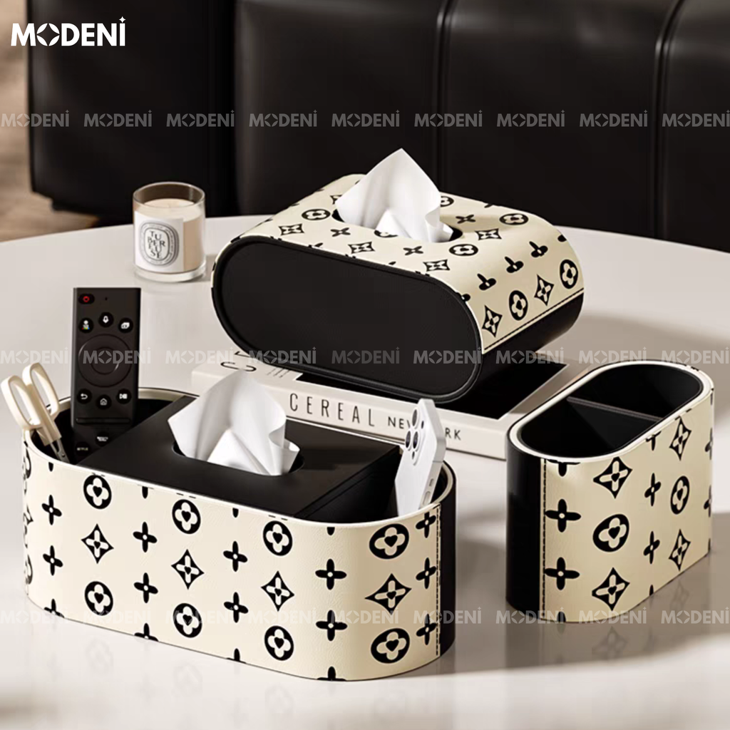 Hộp Khăn Giấy Modena Cao Cấp – Thiết Kế Hoạ Tiết Đen Trắng Thời Thượng – Đựng Khăn & Đồ Dùng Bàn Làm Việc, Sofa, Bàn Ăn Hiện Đại