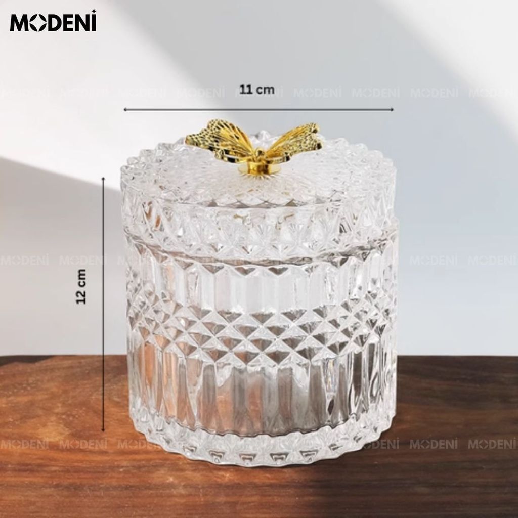 Lọ Iris Retro Pháp – Hũ thuỷ tinh họa tiết sang trọng – Nắp bướm vàng – 12 x 11 cm – Decor cổ điển, đựng bánh kẹo/đồ nhỏ