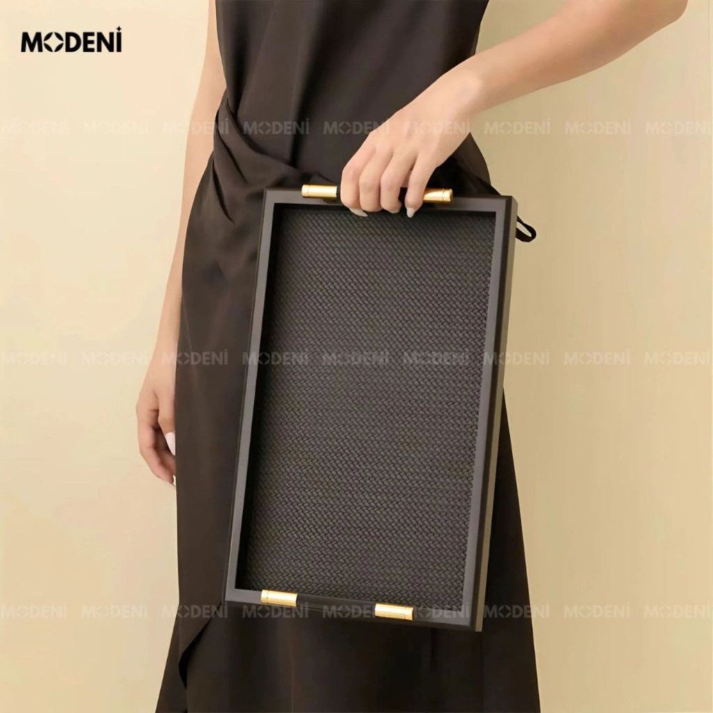 Khay Trang Trí Đen Blacky cao cấp – Tay cầm kim loại, phong cách hiện đại