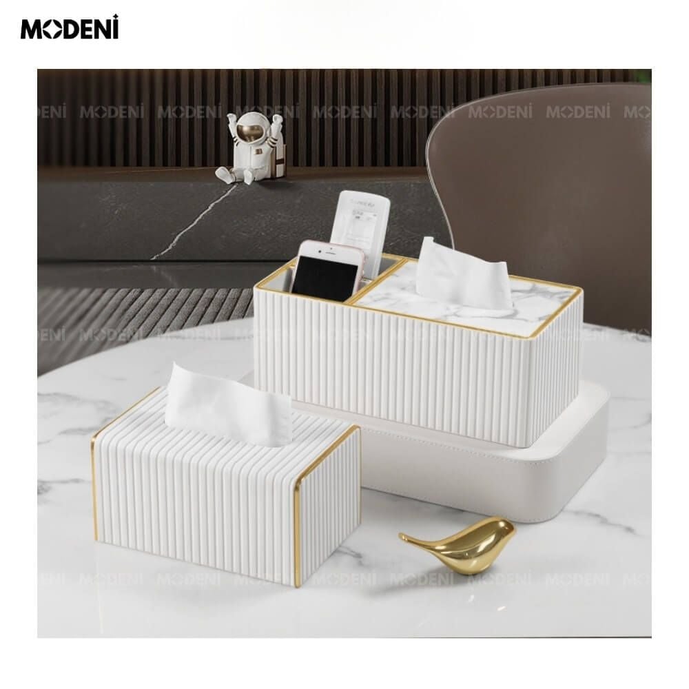 Hộp Khăn Sofie Nordic White – Nhựa Vân Sọc, Nắp Trượt Viền Mạ Vàng Ánh Kim