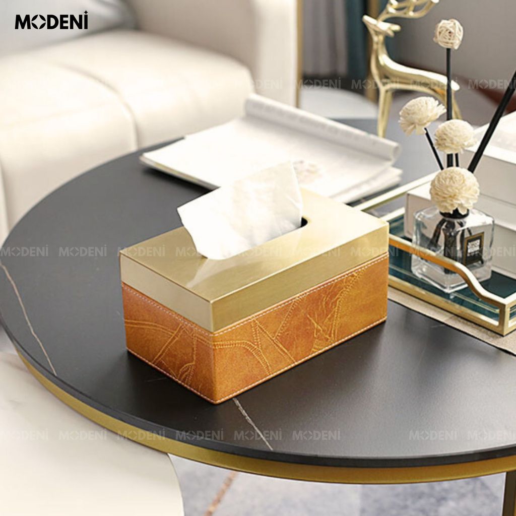 Hộp khăn giấy Tangeri da nhân tạo vân nổi cao cấp phối kim loại champagne gold sang trọng hiện đại cho phòng ngủ và bàn ăn